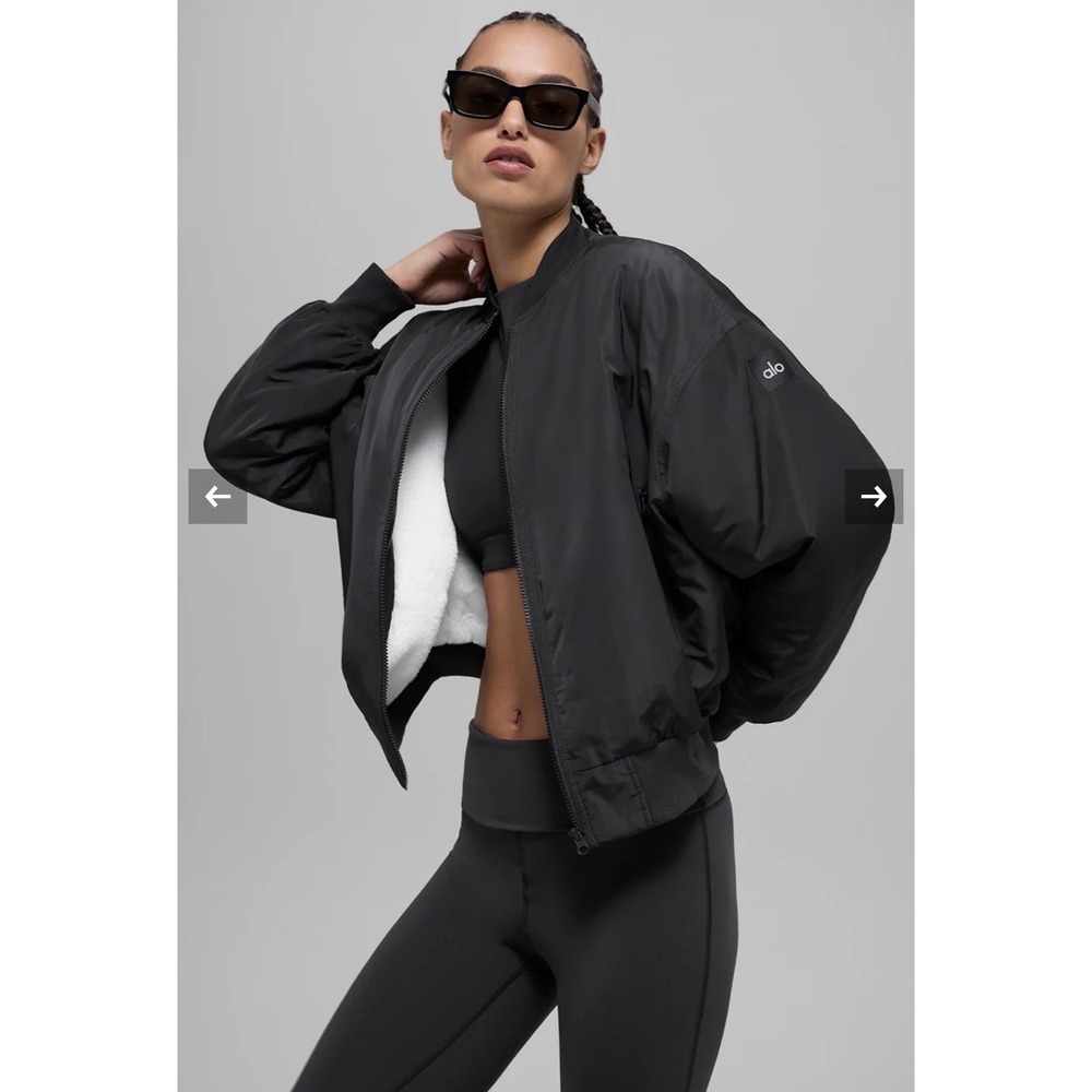 Alo Yoga Urbanite Faux Fur Lined Bomber Jacket Womens Small Black White Full Zip